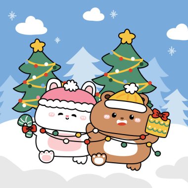 Tatlı tavşancık ve oyuncak ayı kar ve buzda kalır. Noel ağacı. Kış ormanı. Donmuş. Vahşi ve kemirgen hayvan karakteri karikatürü..