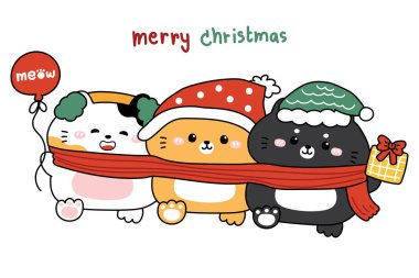 Şirin kedi miyavlaması aynı atkıda kalır. Balon. Hediye kutusu. Donmuş. Hayvan karakteri çizgi filmi. Noel ve yeni yıl festivali..