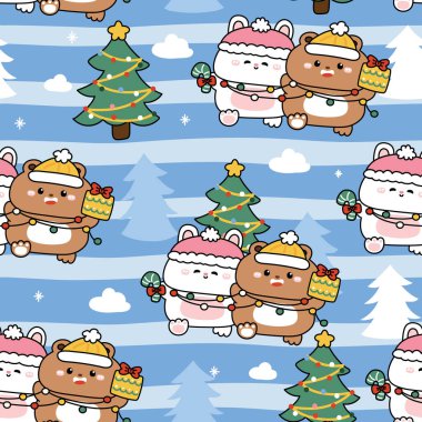 Tatlı tavşan ve oyuncak ayının kusursuz desenleri kar ve buz üzerinde kalır. Noel ağacı. Kış. Donmuş, vahşi ve kemirgen hayvan karakteri karikatürü..