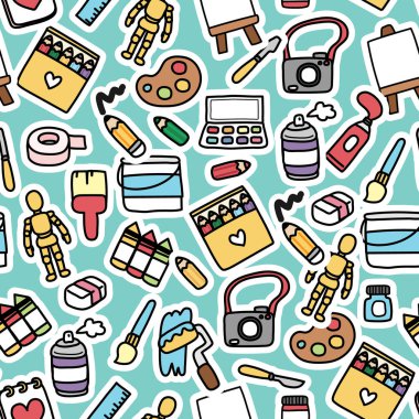 Güzel el çizimi sanat malzemeleriyle kusursuz desen. Renkli okul kırtasiyesi ve boyama araçları arka plan çizimi.