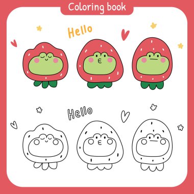 Renkli sayfalar ve kitaplar. Kawaii kurbağa karakterlerinin değişik ifadeler içeren çilek kostümü giymesi, vektör illüstrasyonu. Amfibiler hayvan çizgi filmi. Siyah ve beyaz özet.
