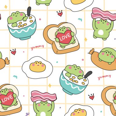 Tatlı yeşil kurbağa çizgi filminin kusursuz deseni ve çocuk giyim kuşamları, kumaş baskısı ve ambalaj kağıdı için nefis kahvaltı arkaplanı. Amfibilerin hayvan tasarımı. Kızarmış yumurta, mısır gevreği, tost, pastırma ve sosis..
