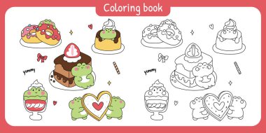 Çocuklar için boyama kitabı sayfası. Tatlı tatlı tatlı kawaii yeşil kurbağa. Siyah ve beyaz çizgili sanat çizgisi ve renkli vektör çizimi pasta, donut ve puding.