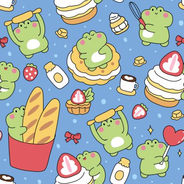 Tatlı tatlı tatlılar, çilekli kurabiye ve mavi noktalı arka planda baget pişiren sevimli kawaii yeşil kurbağa çizgi film karakterlerinin kusursuz desenli arka planı. Hayvan amfibiler..