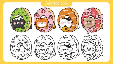 Çocuklar için boyama sayfası. Tatlı tatlı çöreklerin içinde bir dizi çizgi film kedisi. Kawaii kedicik karakterleri. Evcil hayvan. Fırın. Çiçek, kiraz, balık, fiyonklu el. siyah ve beyaz çizgi sanat vektörü çizimi.