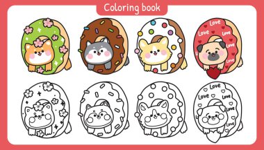 Tatlı çörek vektör illüstrasyonunun içindeki sevimli çizgi film köpeklerinin boyama kitabı sayfası. Kawaii köpek yavrusu shiba inu, Husky, corgi ve pug karakterleri. Evcil hayvan. Fırın. Renk ve siyah ve beyaz çizgi sanatı