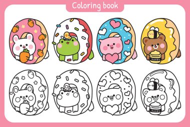 Çocuklar sayfa çalışma kağıdını boyuyor. Renkli tatlı çörek vektör setinin içindeki sevimli kawaii çizgi film hayvanları. Tavşan, kurbağa, domuz ve ayı karakterleri. Fırın. Resimler. Siyah beyaz taslak ve renkli versiyon..