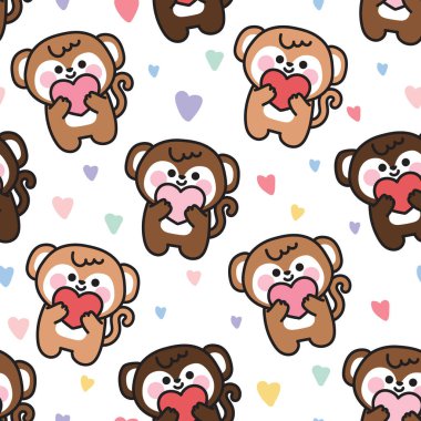 Kalbi beyaz bir arka planı olan sevimli kawai maymununun kusursuz deseni. Pastel kalp vektörü olan romantik çizgi film hayvanı. Sevgililer Günü. Aşk konsepti.