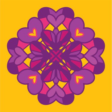 Vektör soyut geometrik desen. Sevimli kalpler, özgeçmiş. Elle çizilmiş süs. Dantel kumaş dokusu. Modern izole edilmiş soyut çizim tasarımı mandala parlak pembe ve mor renkler.