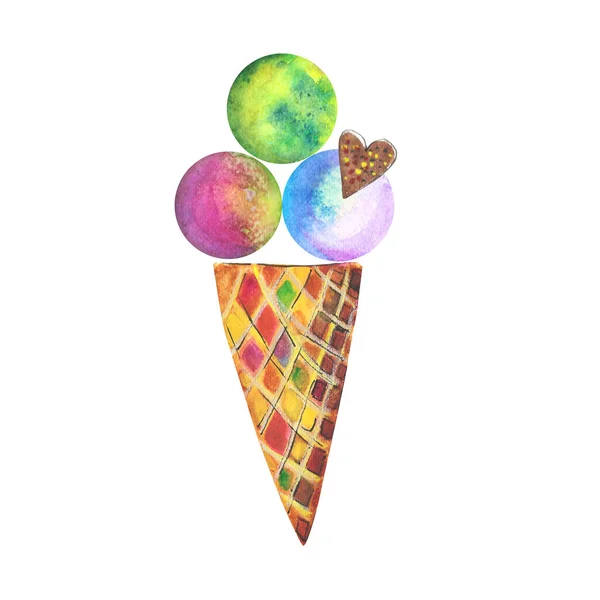 水彩画は、 3つのスクープでアイスクリームのワッフルスコーンを描いた — ストック写真