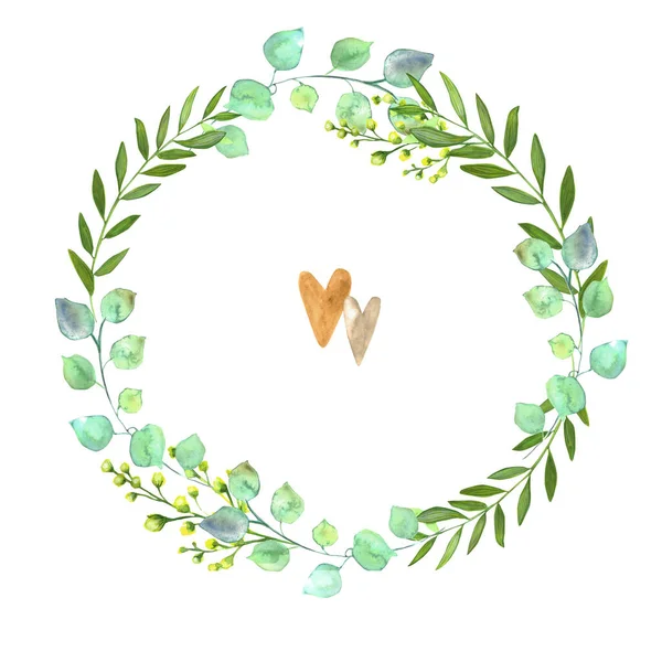 Watercolor Eucalyptus wreath with two hearts — Stock Photo, Image