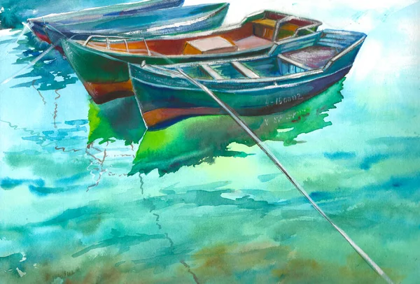 Aquarela barcos pintados refletindo na água — Fotografia de Stock