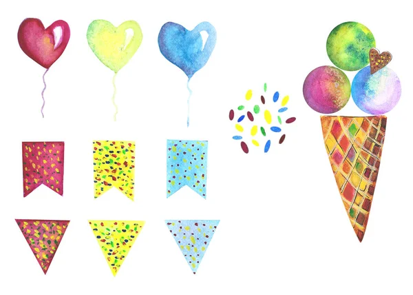 水彩画的悬崖生日，冰淇淋，气球，国旗 — 图库照片