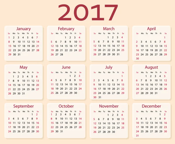 Vector calendar 2017 year. Week starts with Sunday — Stock Vector