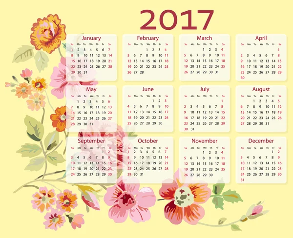 Vector calendar 2017 year with flowers. Week starts with Sunday. — Stock Vector