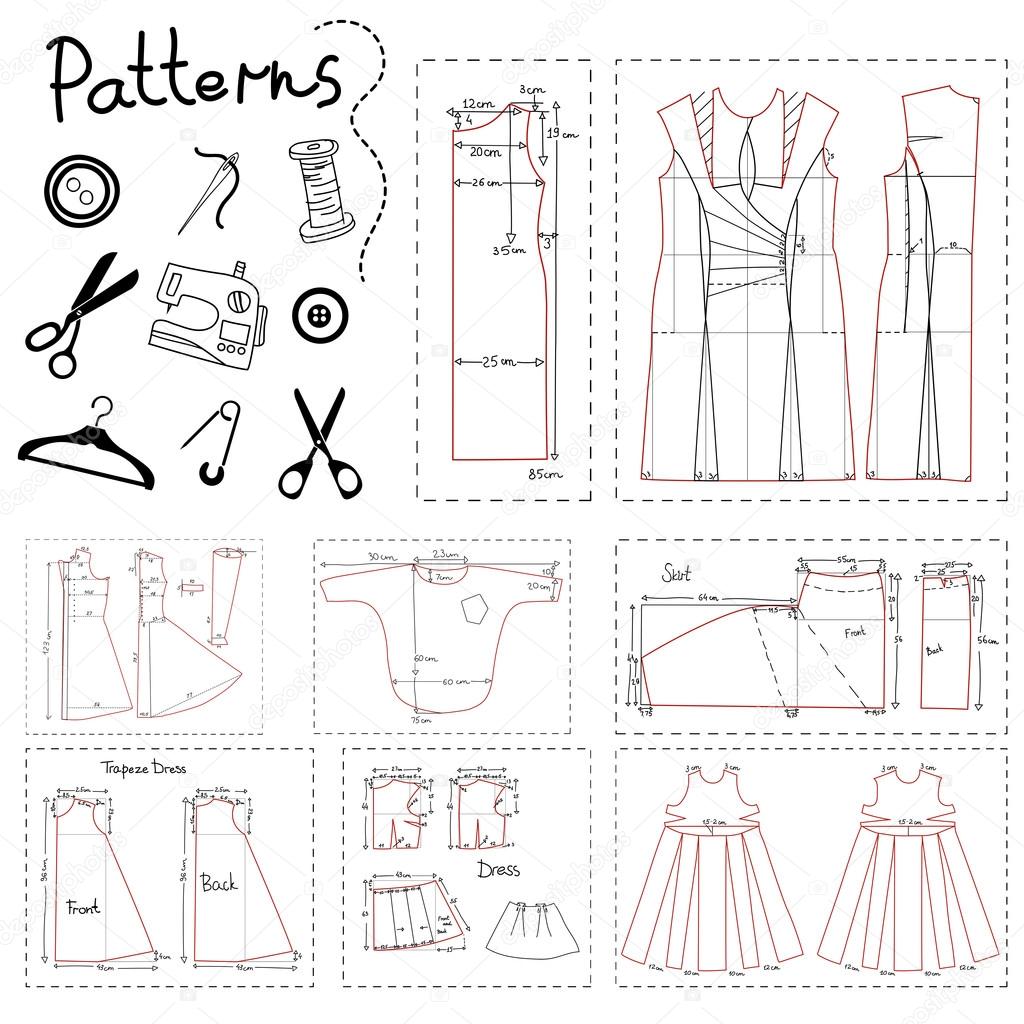 Big set of patterns of women clothes and elements of sewing.