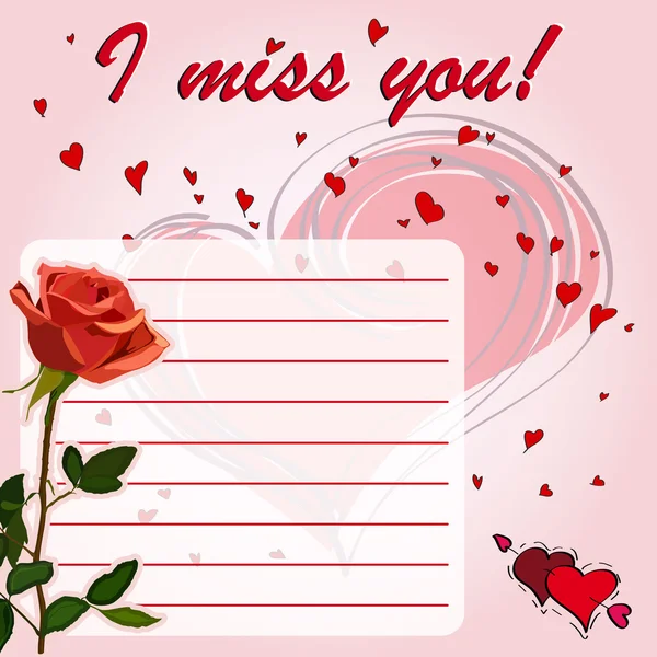 Cartão de saudação Eu sinto sua falta! com flores rosa vermelha — Vetor de Stock