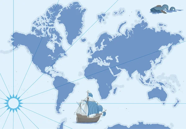 Mapa de contorno vetorial com navio e monstro — Vetor de Stock