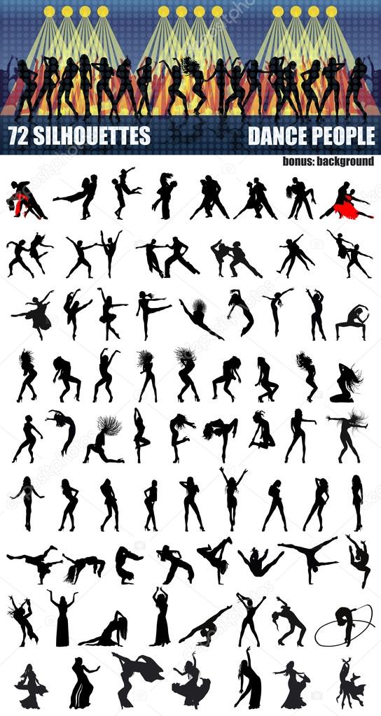 Big set of silhouettes of dancing people