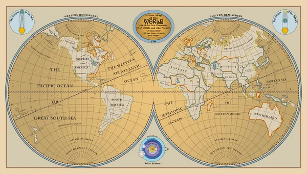 1799 年の新たな発見と世界の地図、古い世界のベクトル — ストックベクタ