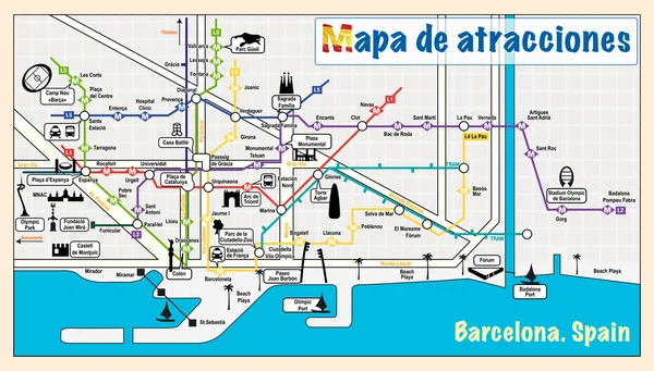 Bienvenido a Barcelona. Atracciones en el mapa . — Vector de stock