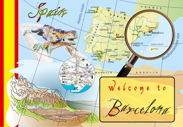 バルセロナへようこそ。マップ上の観光スポット. — ストックベクタ