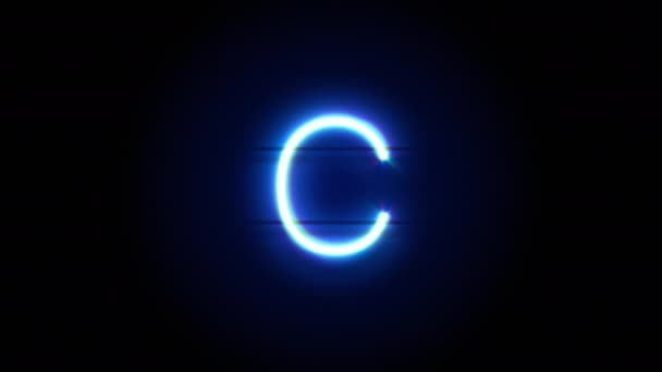 Neon betűtípus betű C lowercase jelenik meg a központban, és eltűnik egy idő után. Kék neon ábécé szimbólum hurok animációja — Stock videók