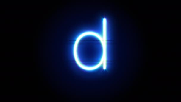 Caratteri al neon lettera D minuscolo appaiono al centro e scompaiono dopo qualche tempo. Animazione loop del simbolo blu dell'alfabeto neon — Video Stock