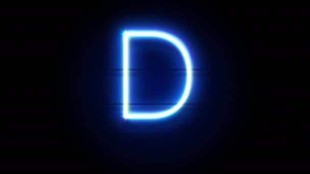 Neon font letter D uppercase appear in center and disappear after some time. Loop animation of blue neon alphabet symbol — Stock Video