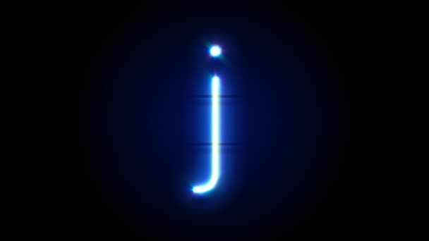 Letra de fuente de neón J minúscula aparecen en el centro y desaparecen después de algún tiempo. Animación en bucle del símbolo azul del alfabeto de neón — Vídeos de Stock