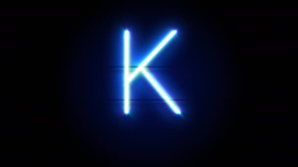 Neon yazı tipi K büyük harfi bir süre sonra ortada belirir ve kaybolur. Mavi neon alfabe sembolünün döngü canlandırması — Stok video