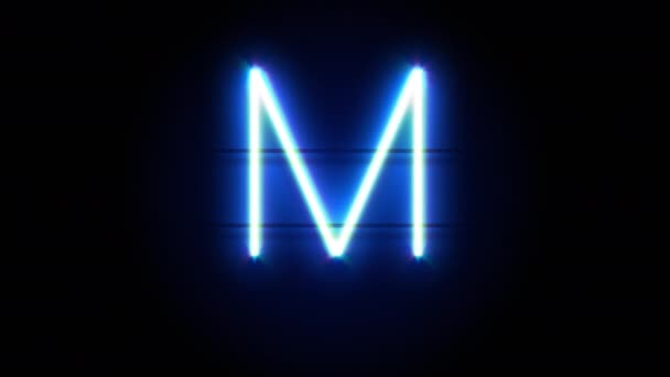 ネオンフォントの文字M大文字が中央に表示され、しばらくすると消えます。青いネオンアルファベットのシンボルのループアニメーション — ストック動画