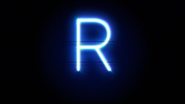 Νέον γράμμα γραμματοσειράς R κεφαλαία εμφανίζονται στο κέντρο και εξαφανίζονται μετά από κάποιο χρονικό διάστημα. Loop animation του μπλε συμβόλου νέον αλφάβητο — Αρχείο Βίντεο