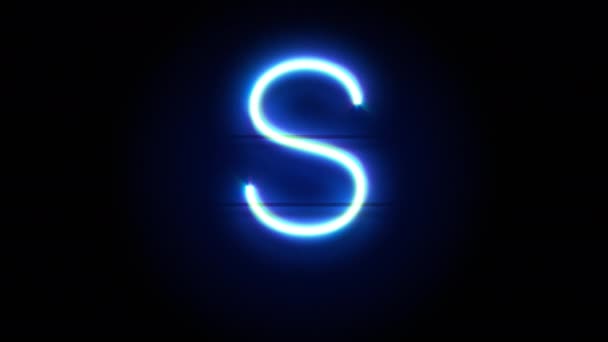 Letra de fuente de neón S mayúscula aparecen en el centro y desaparecen después de algún tiempo. Animación en bucle del símbolo azul del alfabeto de neón — Vídeo de stock
