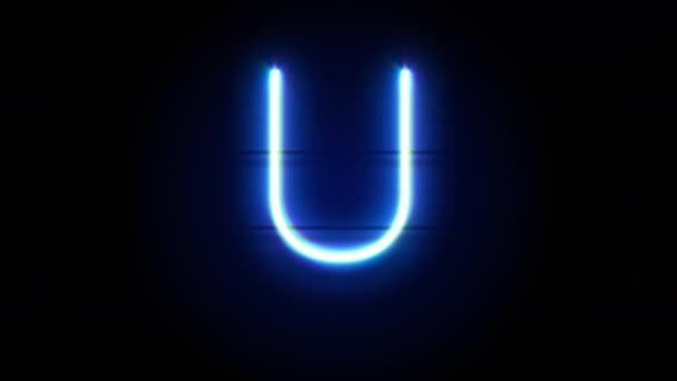 Neon teckensnitt bokstaven U versaler visas i mitten och försvinner efter en tid. Loop animation av blå neon alfabet symbol — Stockvideo