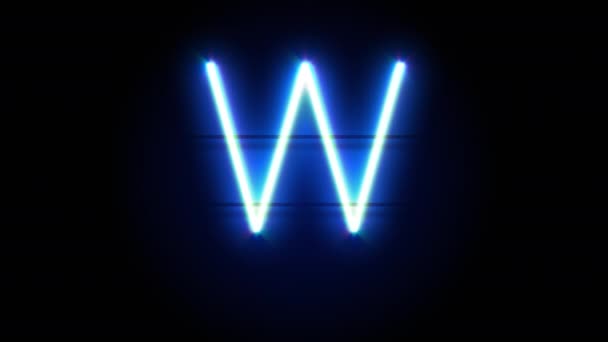 Caratteri al neon lettera W maiuscolo appaiono al centro e scompaiono dopo qualche tempo. Animazione loop del simbolo blu dell'alfabeto neon — Video Stock