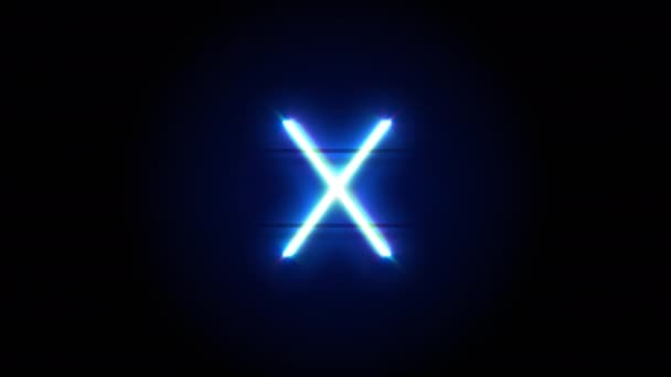 Neon betűtípus betű X lowercase jelenik meg a központban, és eltűnik egy idő után. Kék neon ábécé szimbólum hurok animációja — Stock videók
