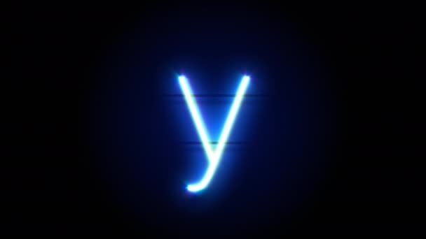 A letra de fonte de néon Y minúscula aparece no centro e desaparece depois de algum tempo. Animação em loop do símbolo do alfabeto de néon azul — Vídeo de Stock