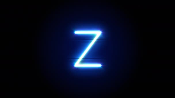 Caratteri al neon lettera Z minuscolo appaiono al centro e scompaiono dopo qualche tempo. Animazione loop del simbolo blu dell'alfabeto neon — Video Stock