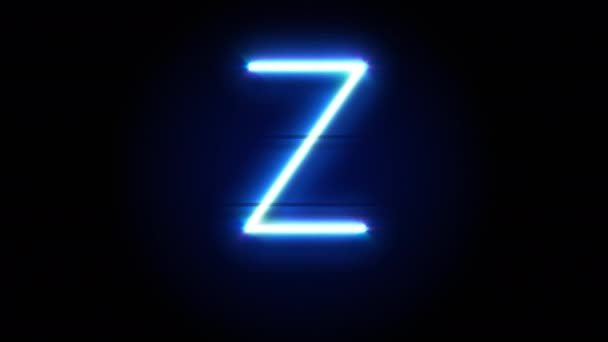 Neon letra fonte Z maiúsculas aparecem no centro e desaparecem depois de algum tempo. Animação em loop do símbolo do alfabeto de néon azul — Vídeo de Stock