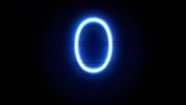 Neon numero 0 appaiono al centro e scompaiono dopo un po 'di tempo. Animazione loop del simbolo blu dell'alfabeto neon — Video Stock