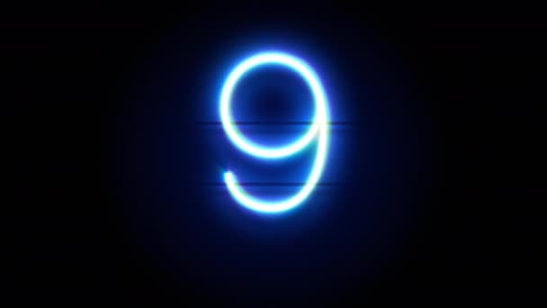 Neon numero 9 appaiono al centro e scompaiono dopo qualche tempo. Animazione loop del simbolo blu dell'alfabeto neon — Video Stock