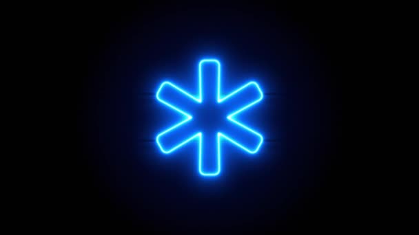 Tanda Asterisk neon muncul di tengah dan menghilang setelah beberapa waktu. Animasi loop dari simbol alfabet neon biru — Stok Video