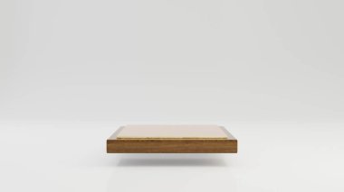 Beyaz arka planda izole edilmiş altın kaplamalı, kare şeklinde tahta bir podyum. Ürün yerleştirme için 3d oluşturulmuş asgari soyut arkaplan kavramı.
