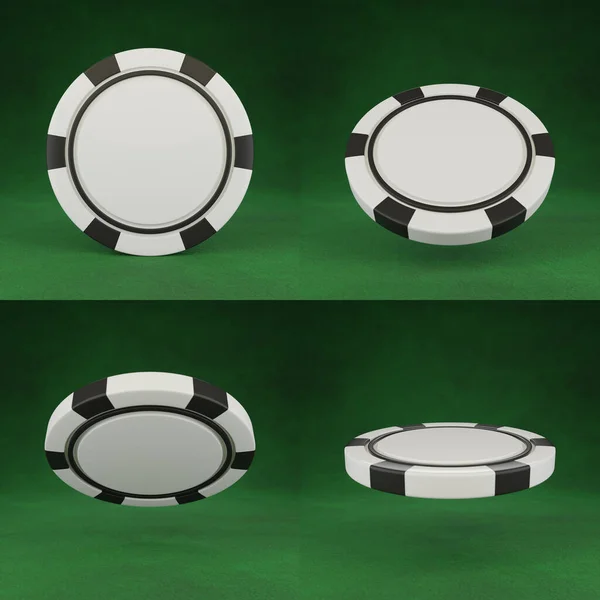 緑のポーカーテーブルの背景に隔離されたカジノチップ 別の位置に白いポーカーチップ 3Dレンダリング — ストック写真