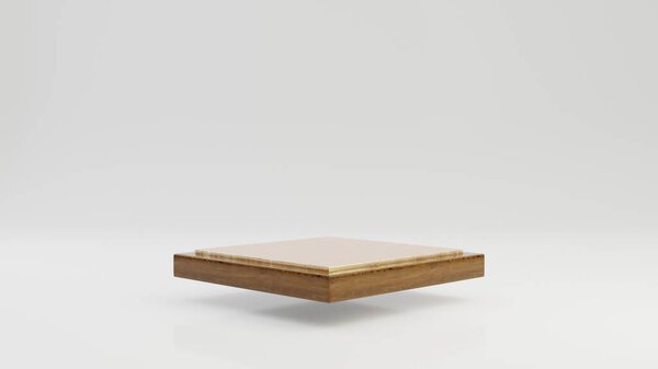 Levitating rhombus wooden podium with gold top isolated on white background. 3d rendered minimalistic abstract background concept for product placement.