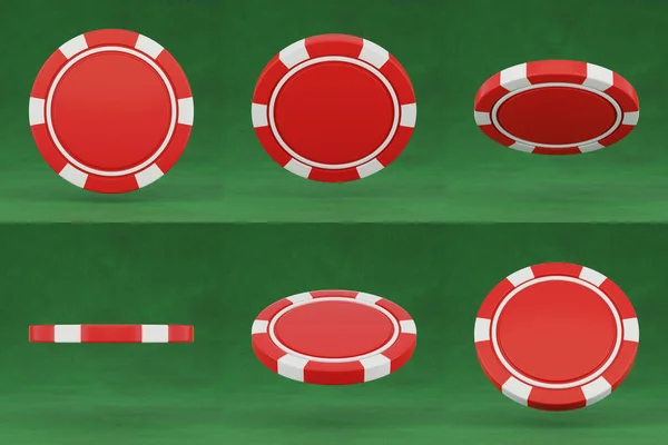 扑克晶片在绿色背景上隔离 一组位于绿桌上不同位置的红色赌场筹码 3D渲染 — 图库照片