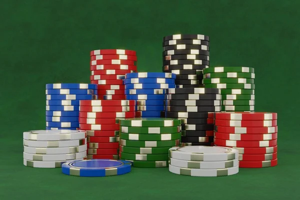 Gestapelde Poker Chips Geïsoleerd Groene Achtergrond Zwart Blauw Rood Groen — Stockfoto