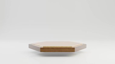 Altıgen ahşap bir podyum ve beyaz arka planda izole edilmiş altın kaplama. Ürün yerleştirme için 3d oluşturulmuş asgari soyut arkaplan kavramı.