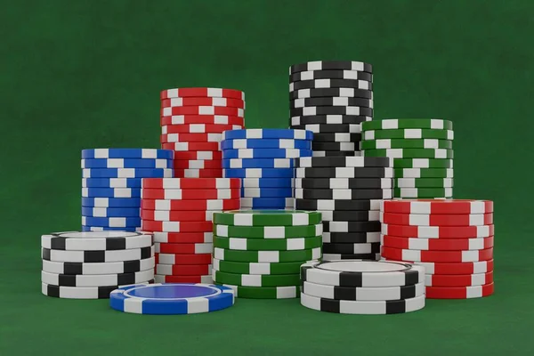 堆放的扑克片被绿色背景隔离 绿色桌子上有黑色 绿色和白色的赌场筹码 3D渲染 — 图库照片